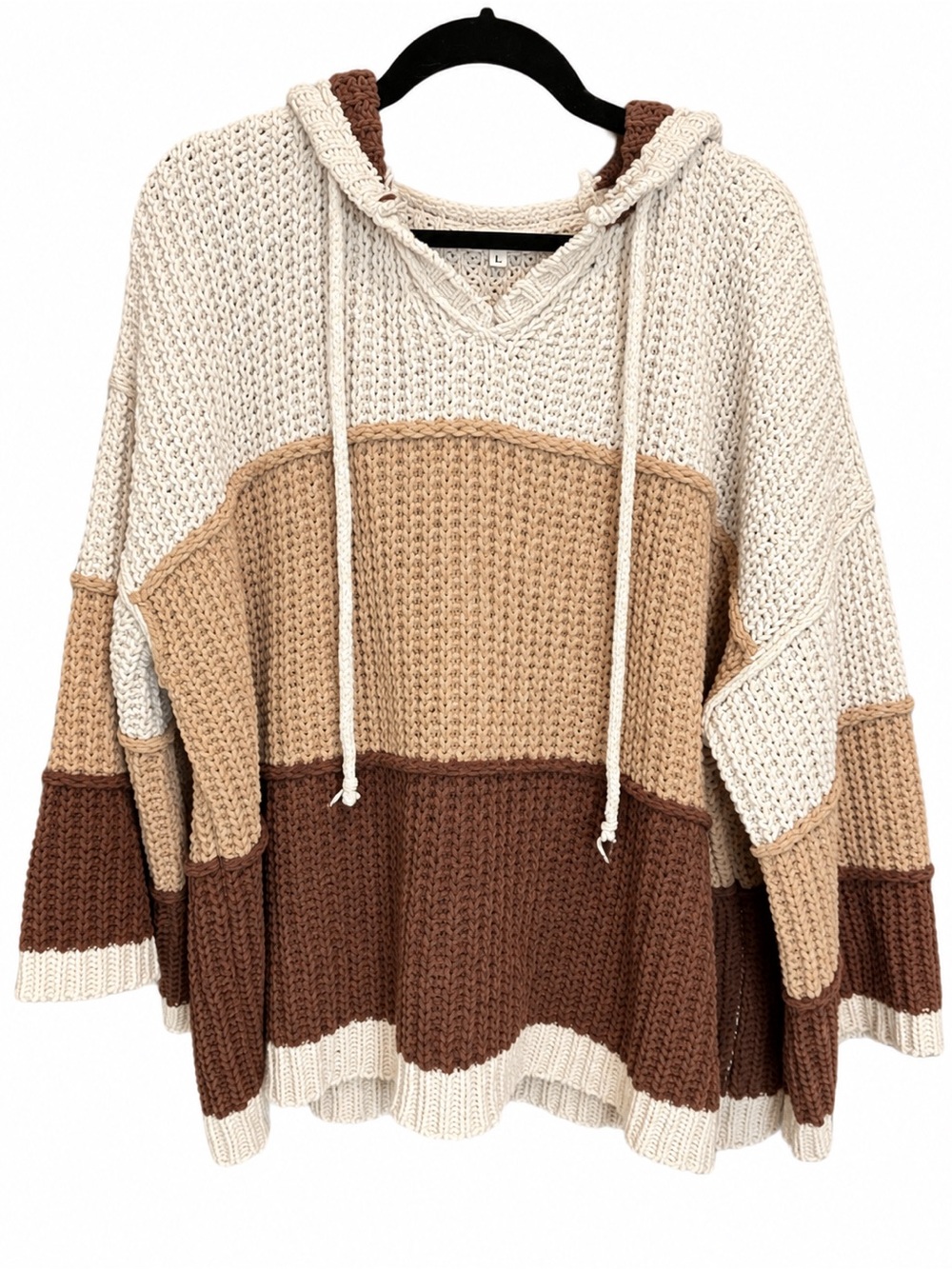 POL Chunky Colorblock Hooded Knit Sweater in Cream, Tan & Brown